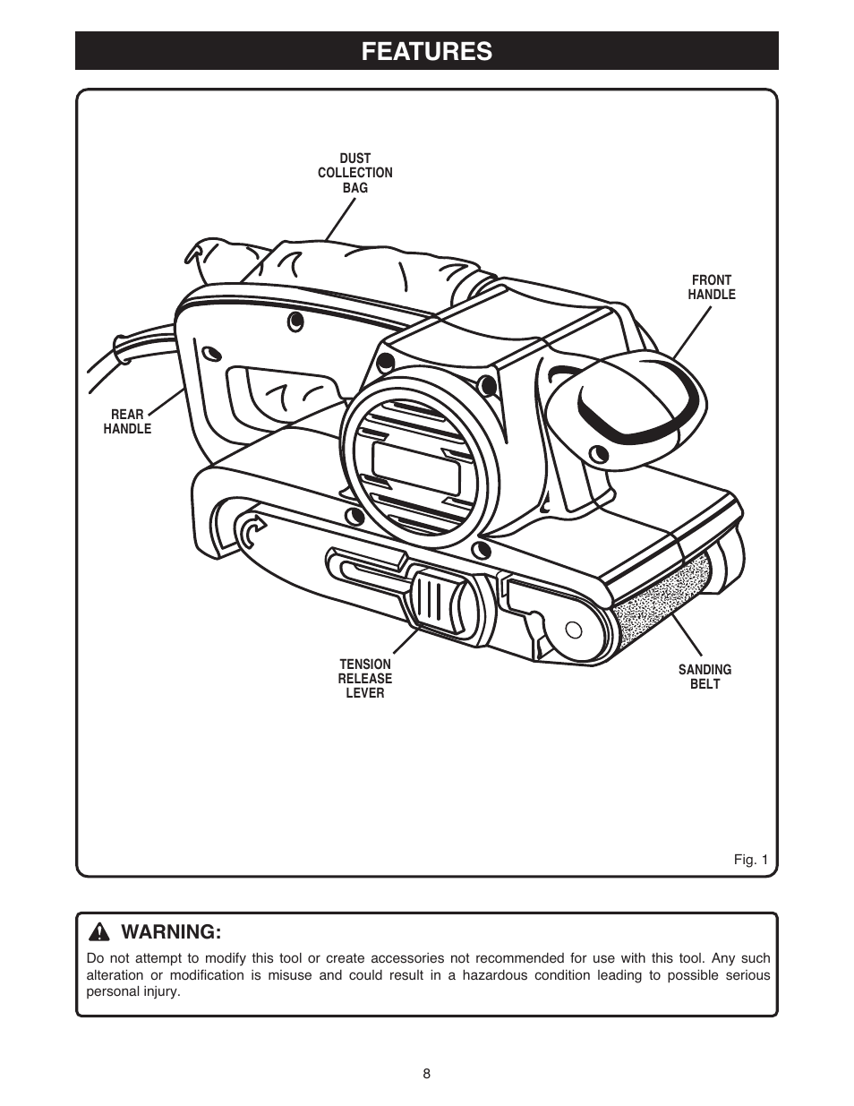 Features, Warning | Ryobi BE318 User Manual | Page 8 / 16