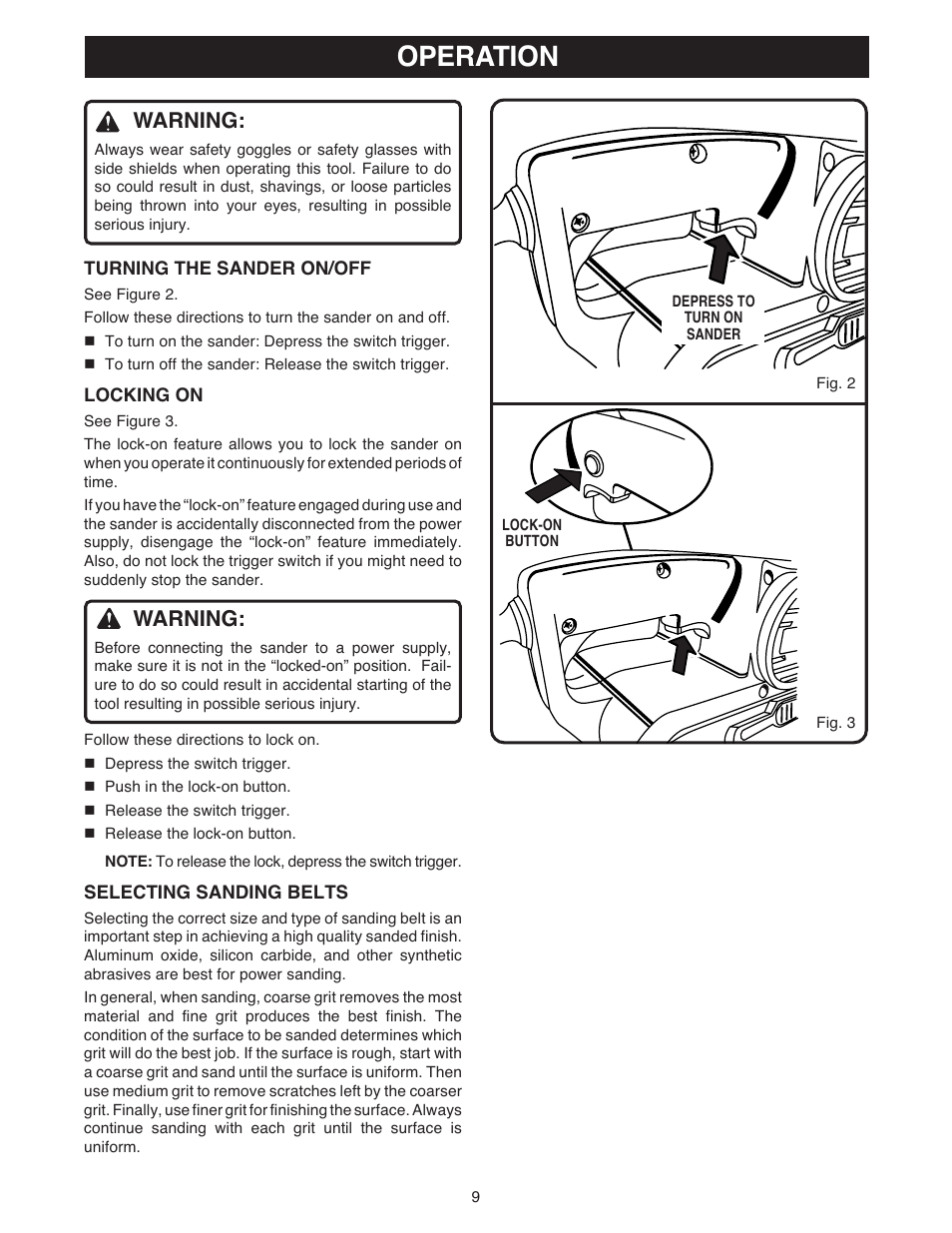 Operation, Warning | Ryobi BE318 User Manual | Page 9 / 16