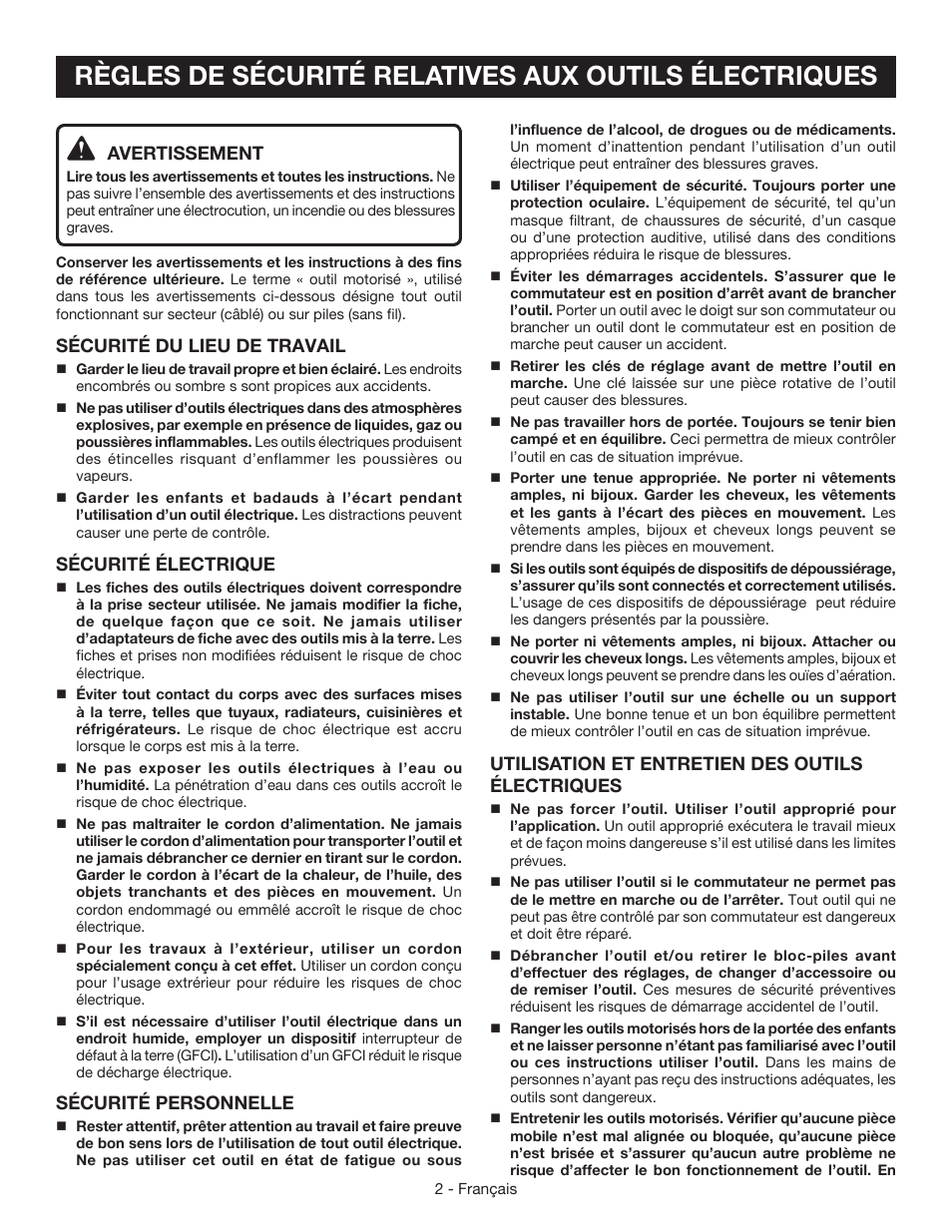 Utilisation et entretien des outils électriques, Avertissement, Sécurité du lieu de travail | Sécurité électrique, Sécurité personnelle | Ryobi BE3182G User Manual | Page 11 / 32