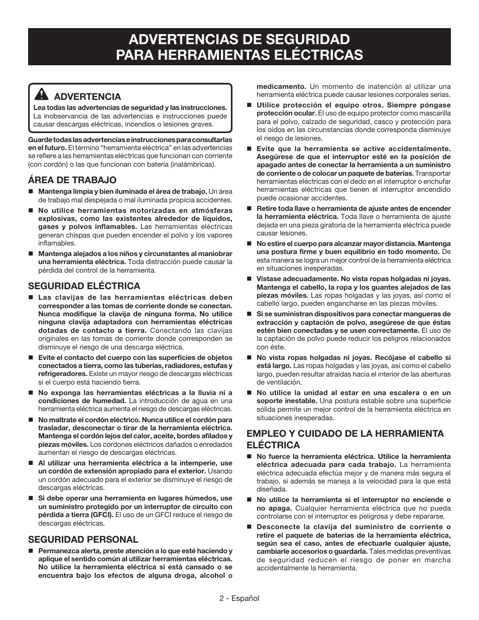 Empleo y cuidado de la herramienta eléctrica, Advertencia, Área de trabajo | Seguridad eléctrica, Seguridad personal | Ryobi BE3182G User Manual | Page 20 / 32