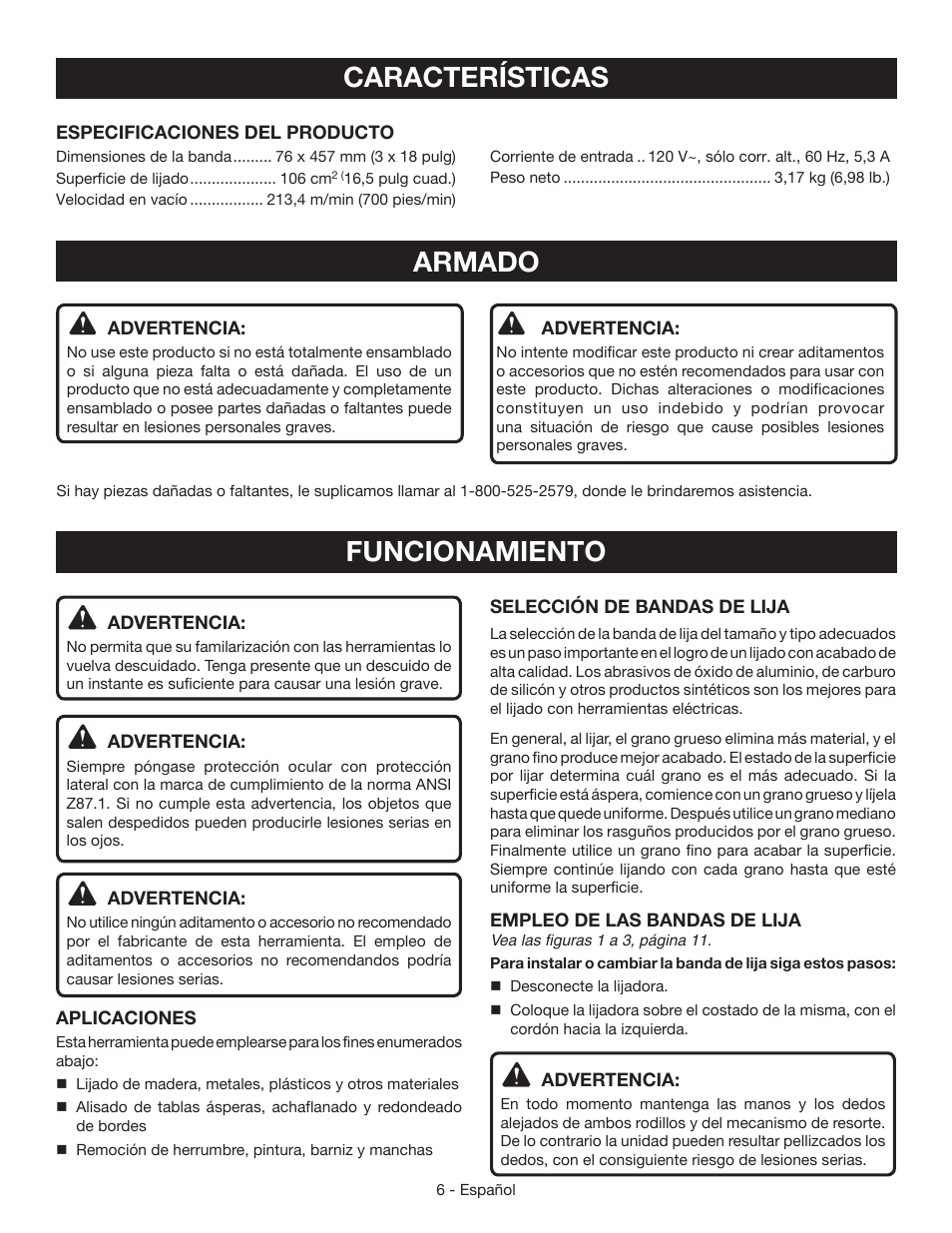 Características, Armado, Funcionamiento | Ryobi BE3182G User Manual | Page 24 / 32