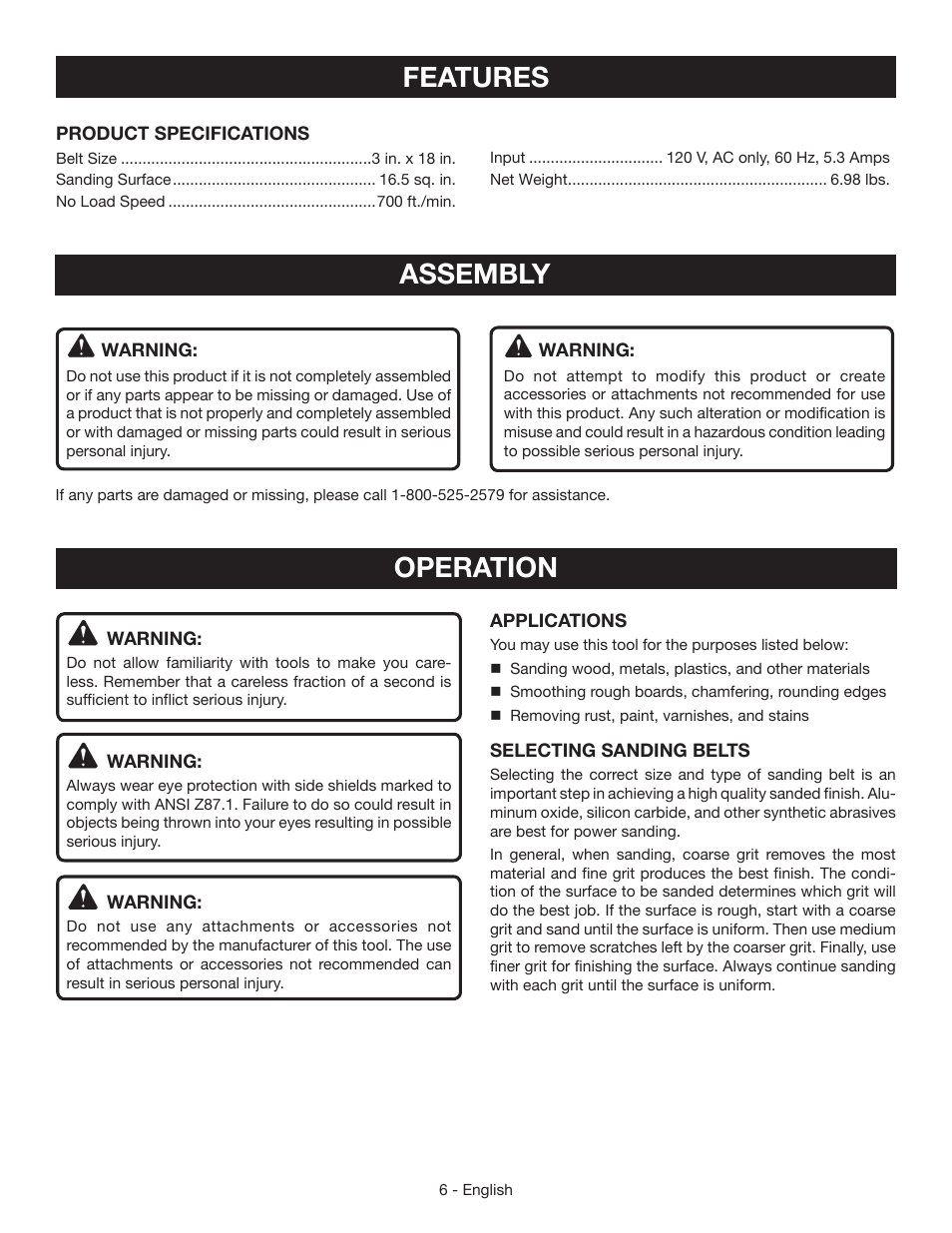 Features, Assembly, Operation | Ryobi BE3182G User Manual | Page 6 / 32