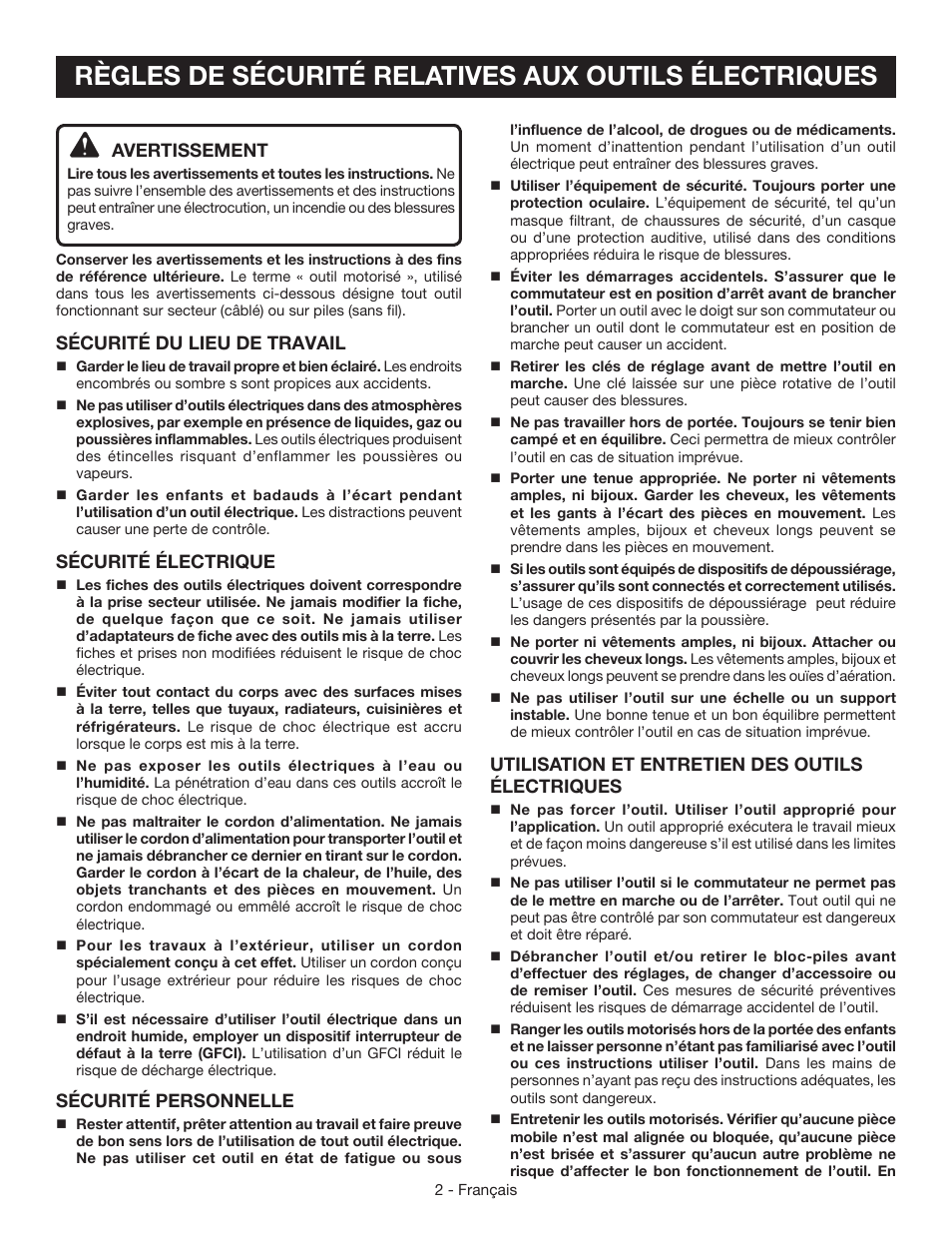 Utilisation et entretien des outils électriques, Avertissement, Sécurité du lieu de travail | Sécurité électrique, Sécurité personnelle | Ryobi BE319 User Manual | Page 11 / 32