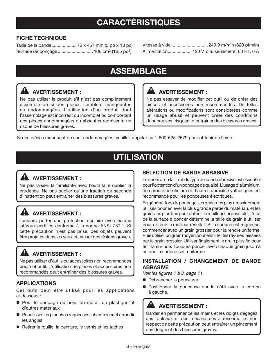 Caractéristiques, Assemblage, Utilisation | Ryobi BE319 User Manual | Page 15 / 32