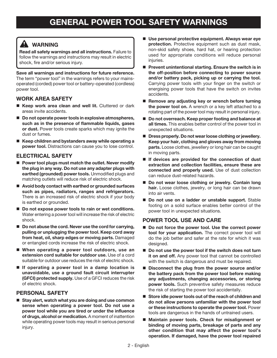 General power tool safety warnings | Ryobi BE319 User Manual | Page 2 / 32