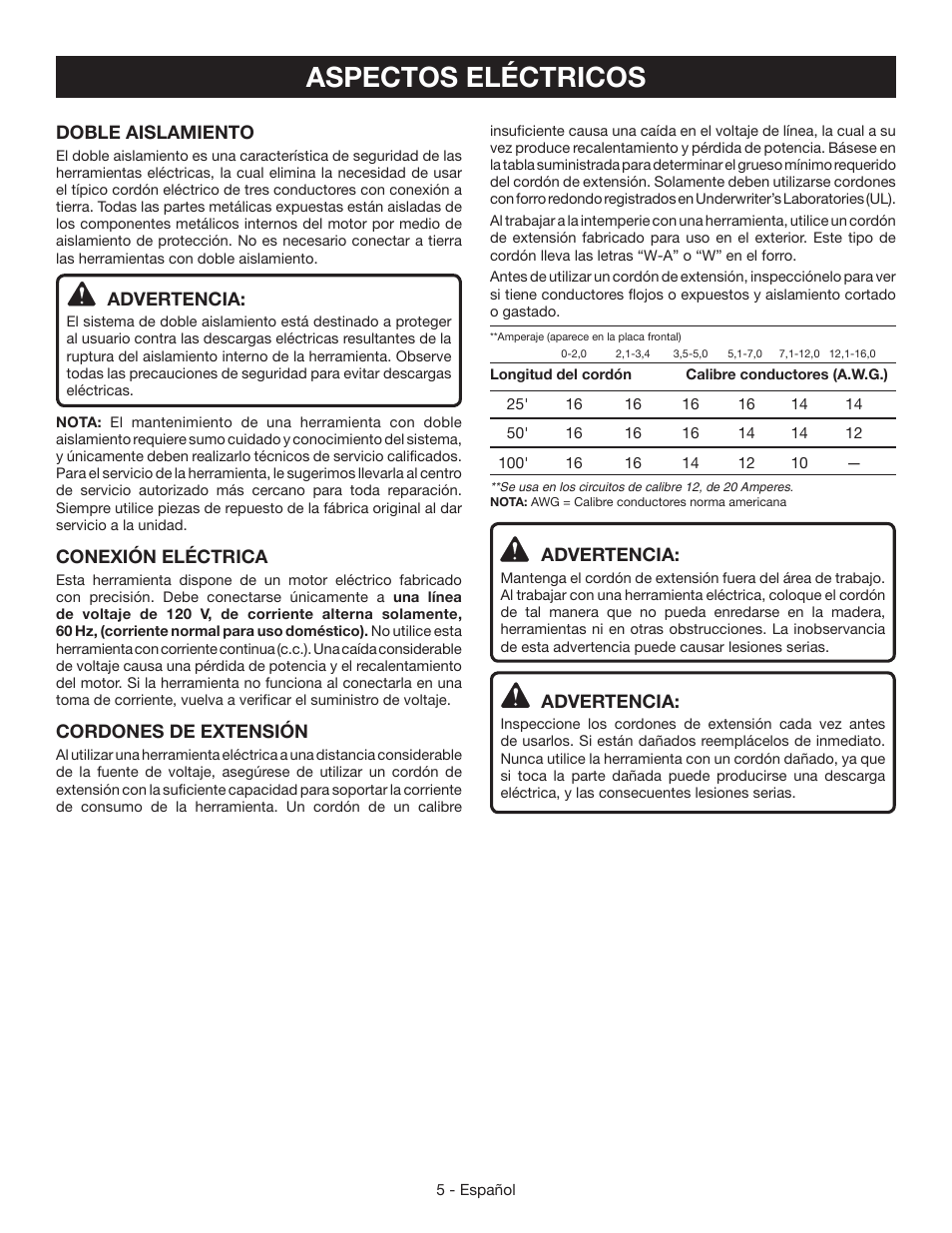 Aspectos eléctricos, Advertencia, Doble aislamiento | Conexión eléctrica, Cordones de extensión | Ryobi BE319 User Manual | Page 23 / 32