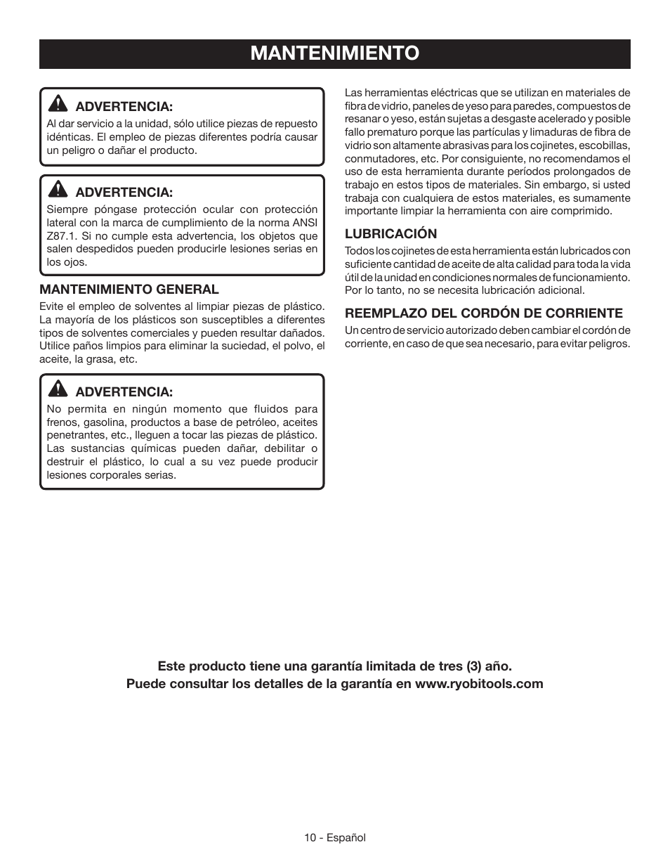 Mantenimiento | Ryobi BE319 User Manual | Page 28 / 32