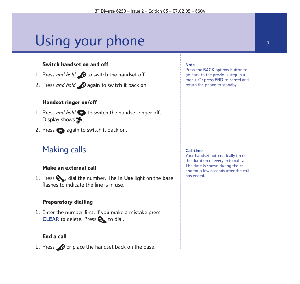 Using your phone, Making calls | BT DIVERSE 6250 User Manual | Page 17 / 88