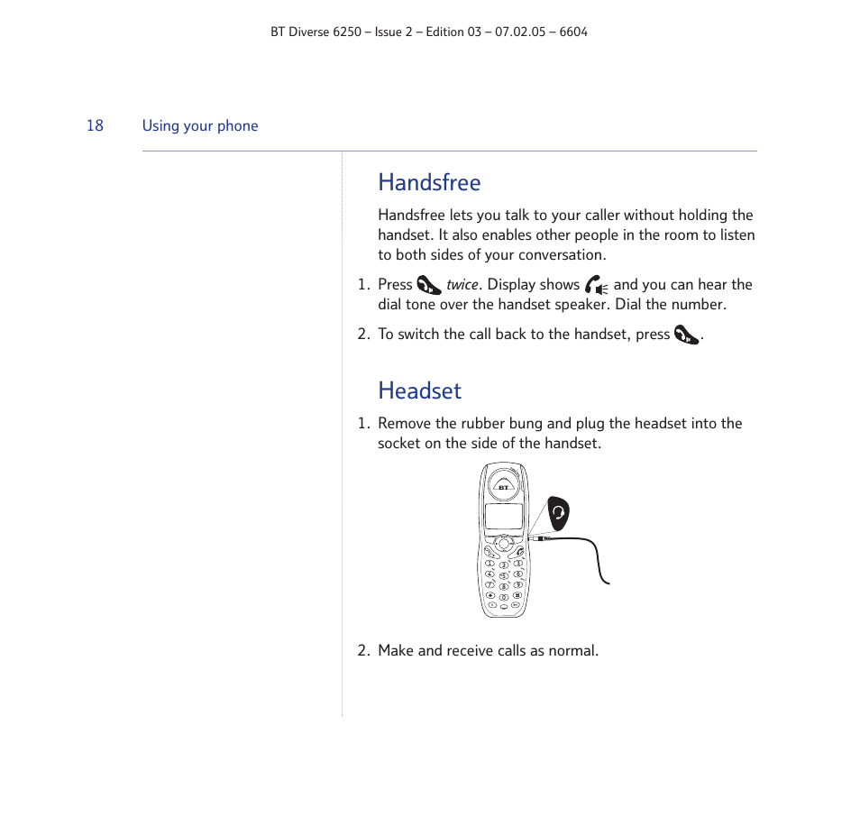 Handsfree, Headset | BT DIVERSE 6250 User Manual | Page 18 / 88