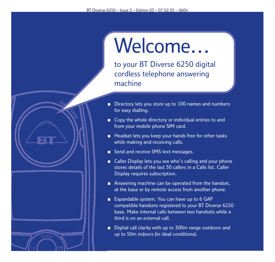 Welcome | BT DIVERSE 6250 User Manual | Page 2 / 88