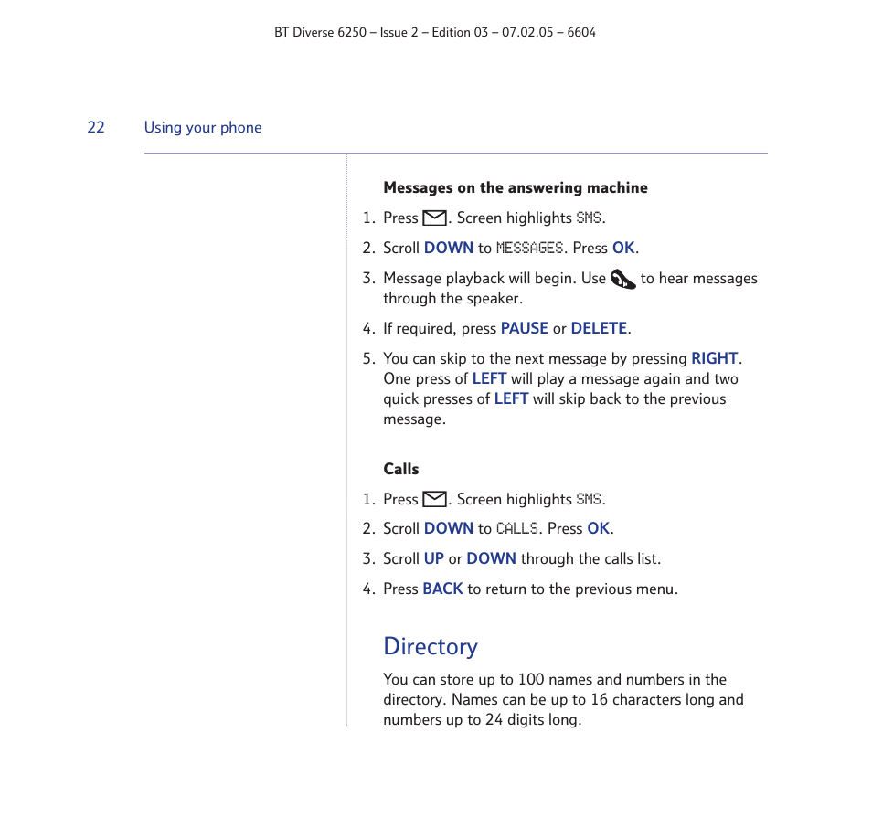 Directory | BT DIVERSE 6250 User Manual | Page 22 / 88