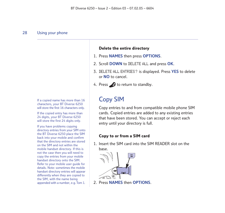 Copy sim | BT DIVERSE 6250 User Manual | Page 28 / 88