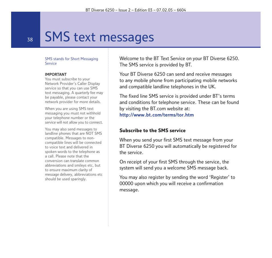 Sms text messages | BT DIVERSE 6250 User Manual | Page 38 / 88