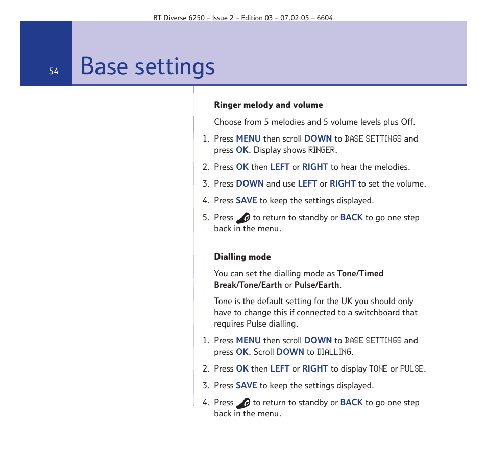 Base settings | BT DIVERSE 6250 User Manual | Page 54 / 88