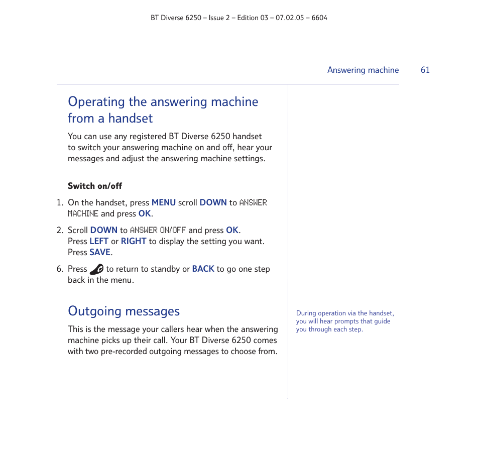 Operating the answering machine from a handset, Outgoing messages | BT DIVERSE 6250 User Manual | Page 61 / 88