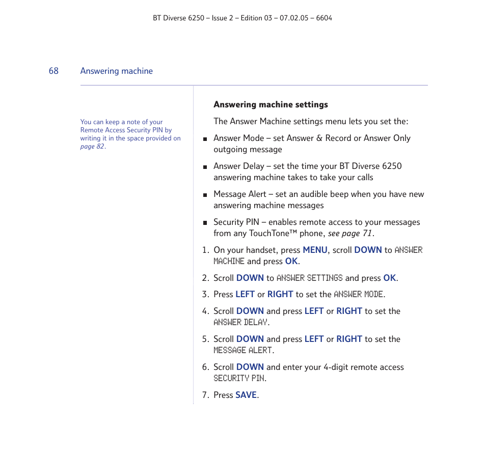 BT DIVERSE 6250 User Manual | Page 68 / 88