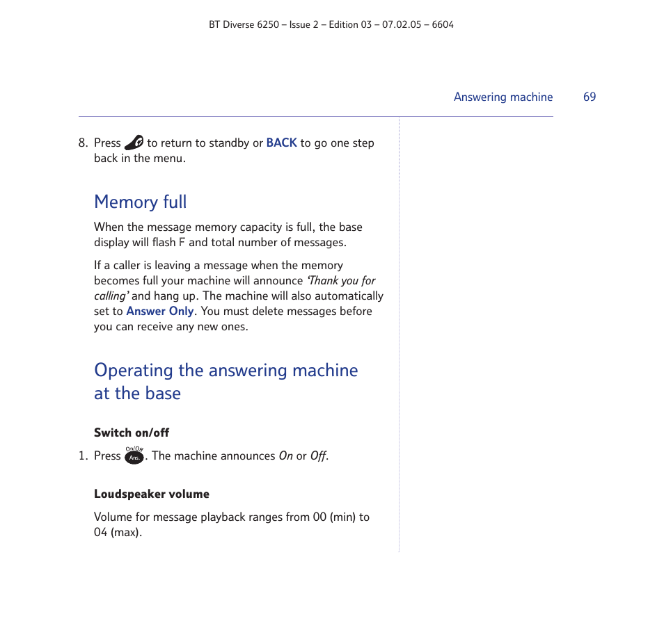 Operating the answering machine at the base | BT DIVERSE 6250 User Manual | Page 69 / 88