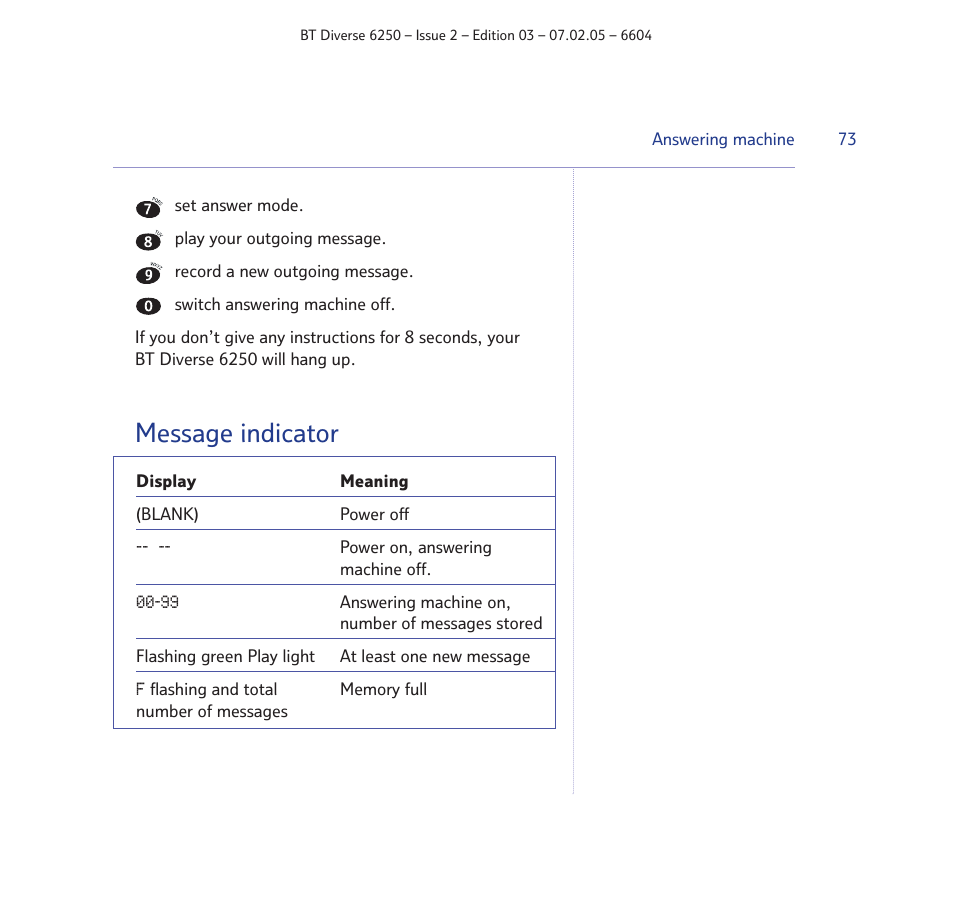 Message indicator | BT DIVERSE 6250 User Manual | Page 73 / 88