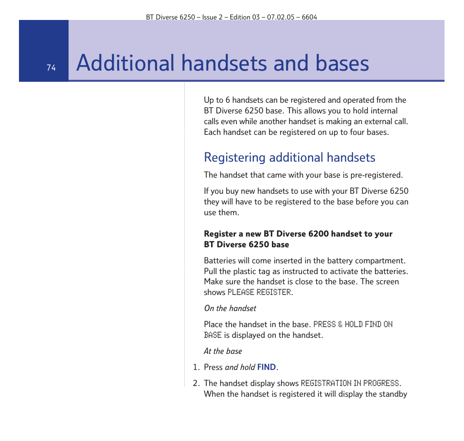 Additional handsets and bases, Registering additional handsets | BT DIVERSE 6250 User Manual | Page 74 / 88