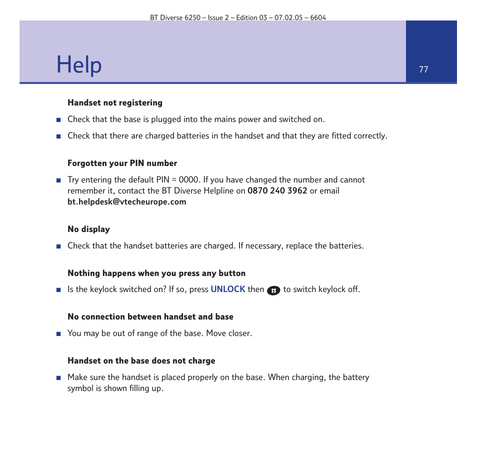 Help | BT DIVERSE 6250 User Manual | Page 77 / 88