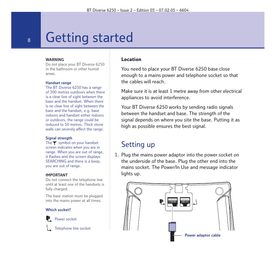 Getting started, Setting up | BT DIVERSE 6250 User Manual | Page 8 / 88
