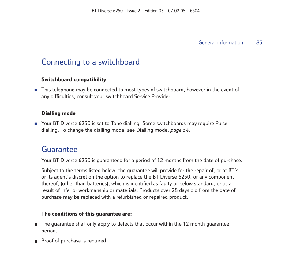 Connecting to a switchboard, Guarantee | BT DIVERSE 6250 User Manual | Page 85 / 88