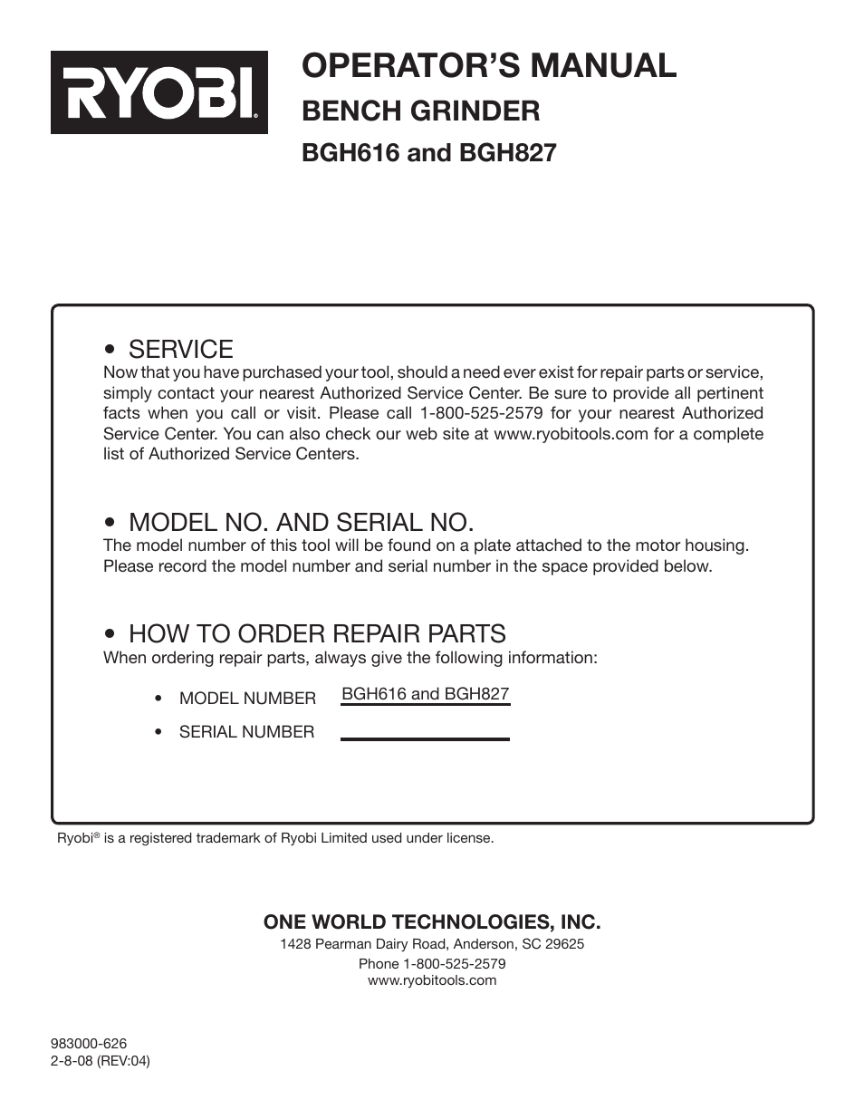 Operator’s manual, Bench grinder, Service | Model no. and serial no, How to order repair parts | Ryobi BGH616 User Manual | Page 18 / 18