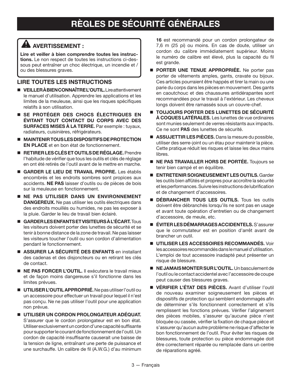 Règles de sécurité générales | Ryobi BGH6110 User Manual | Page 14 / 40