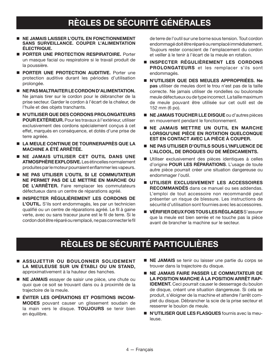 Règles de sécurité générales, Règles de sécurité particulières | Ryobi BGH6110 User Manual | Page 15 / 40