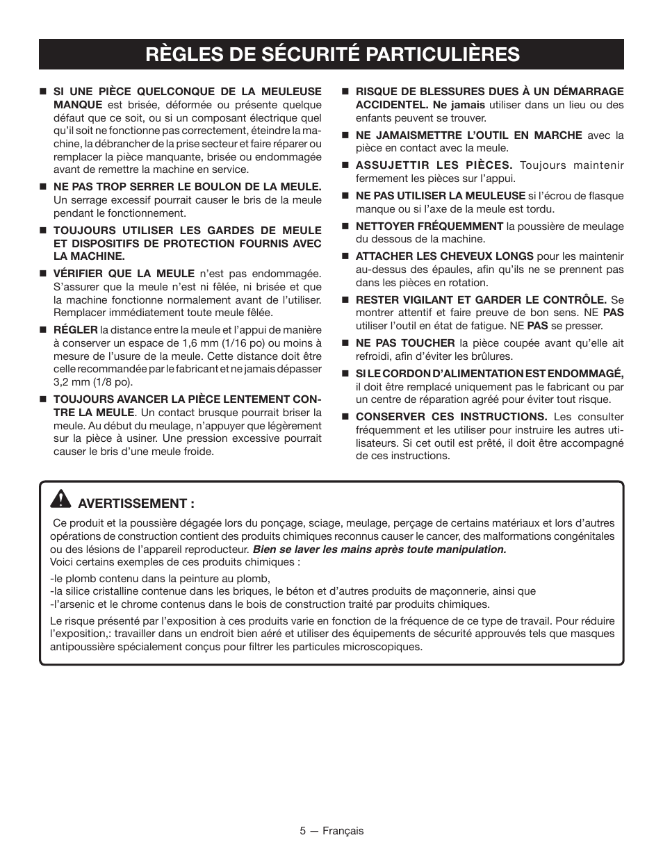 Règles de sécurité particulières | Ryobi BGH6110 User Manual | Page 16 / 40