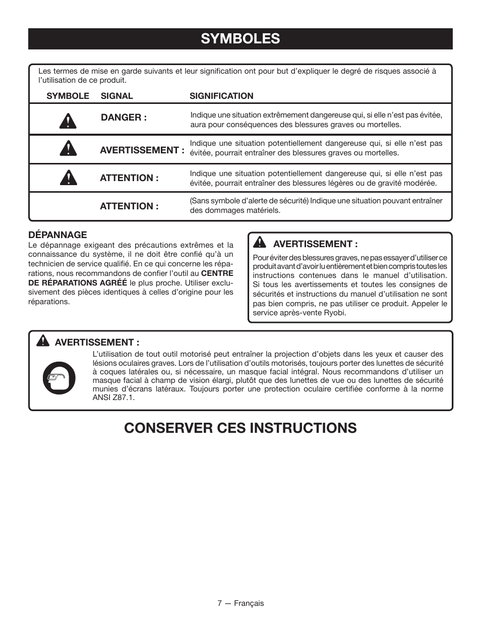 Symboles, Conserver ces instructions | Ryobi BGH6110 User Manual | Page 18 / 40