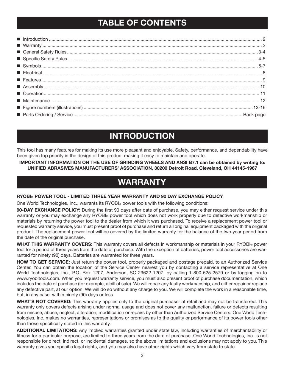 Table of contents introduction, Warranty | Ryobi BGH6110 User Manual | Page 2 / 40