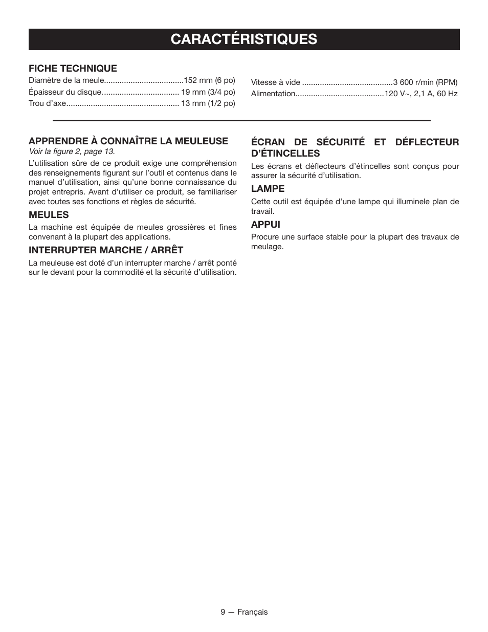 Caractéristiques | Ryobi BGH6110 User Manual | Page 20 / 40