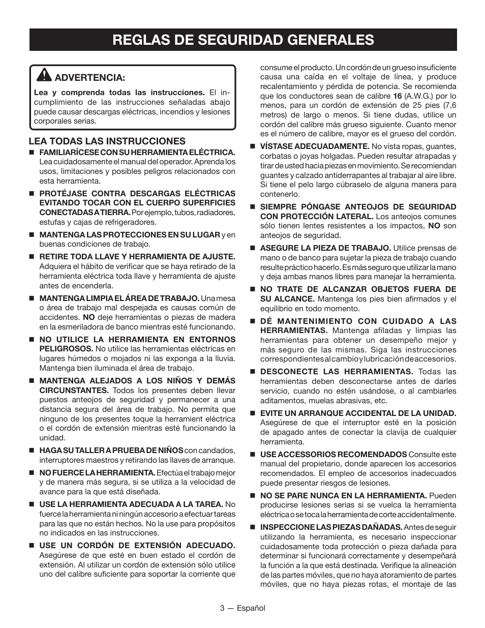 Reglas de seguridad generales | Ryobi BGH6110 User Manual | Page 25 / 40