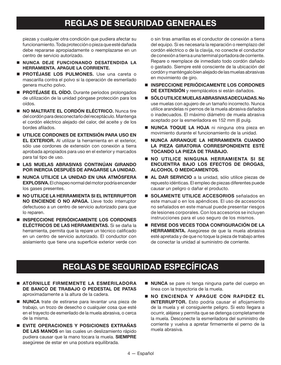 Reglas de seguridad generales, Reglas de seguridad específicas | Ryobi BGH6110 User Manual | Page 26 / 40