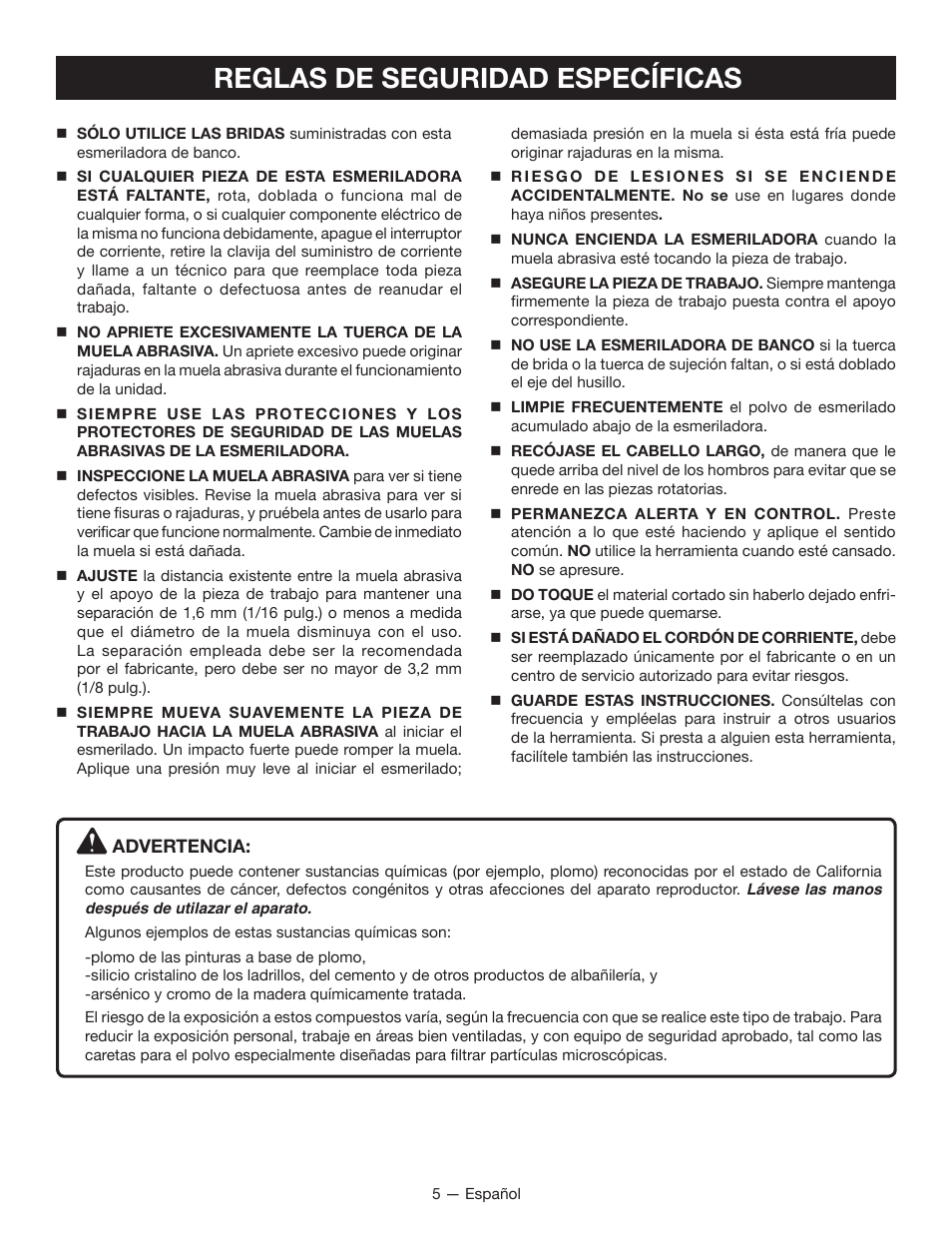 Reglas de seguridad específicas | Ryobi BGH6110 User Manual | Page 27 / 40