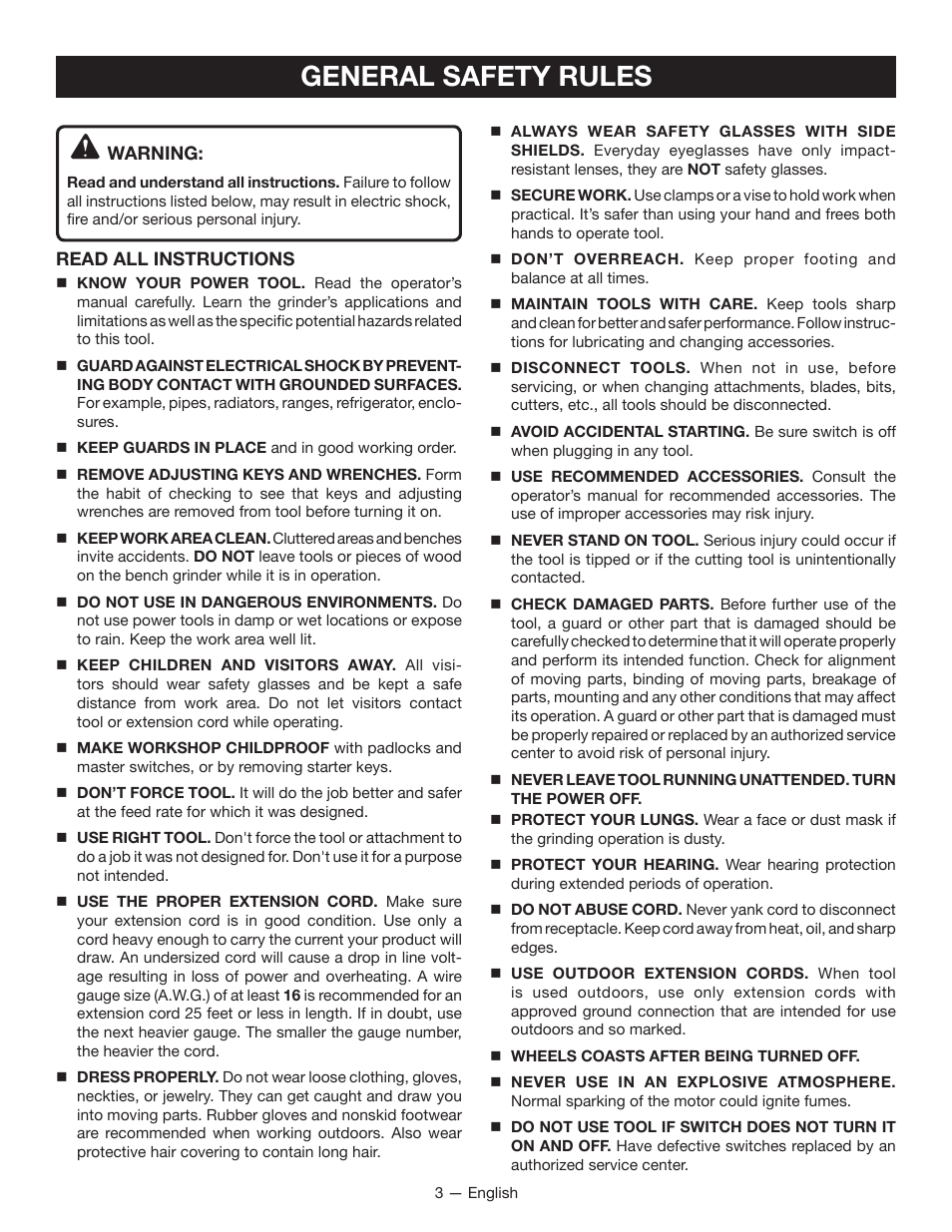 General safety rules | Ryobi BGH6110 User Manual | Page 3 / 40