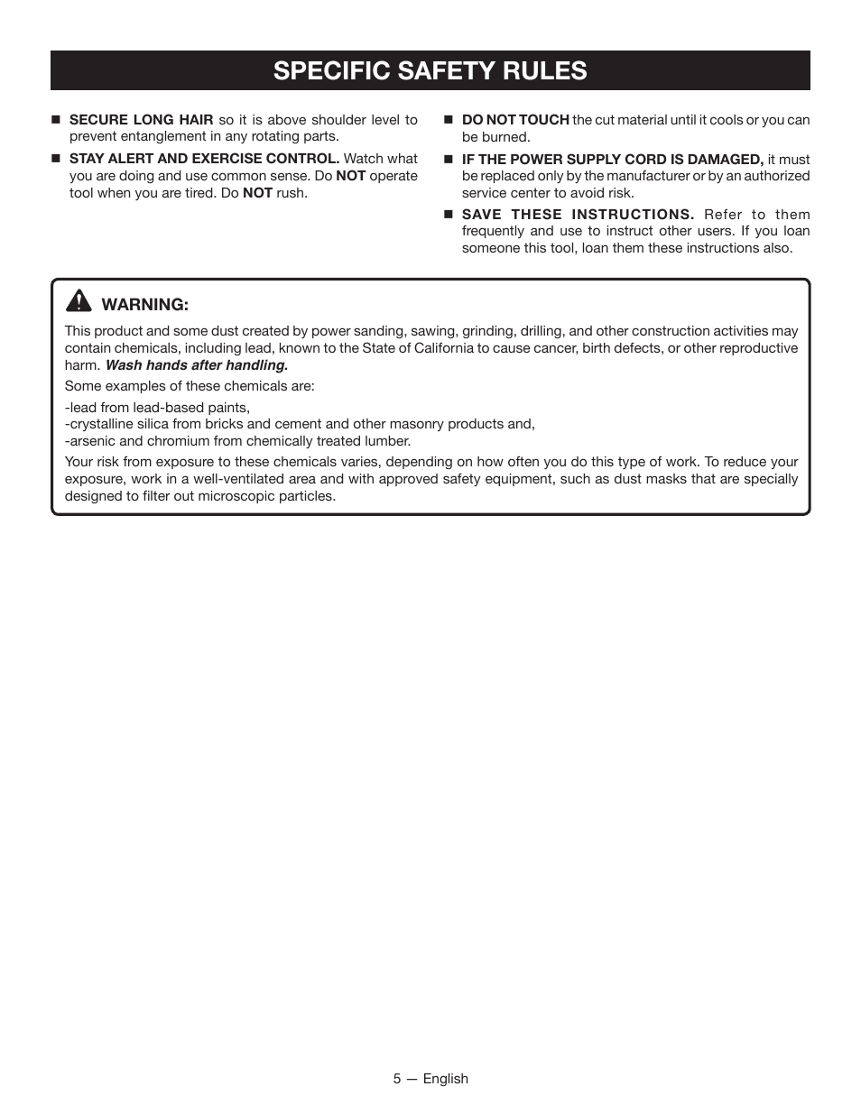 Specific safety rules | Ryobi BGH6110 User Manual | Page 5 / 40