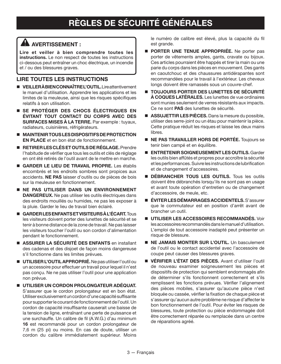 Règles de sécurité générales | Ryobi BGH6110SB User Manual | Page 12 / 36