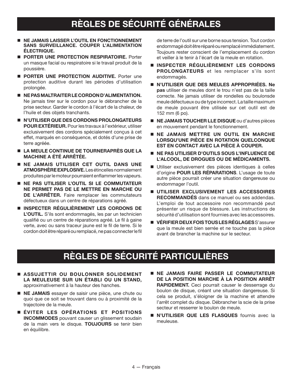 Règles de sécurité générales, Règles de sécurité particulières | Ryobi BGH6110SB User Manual | Page 13 / 36