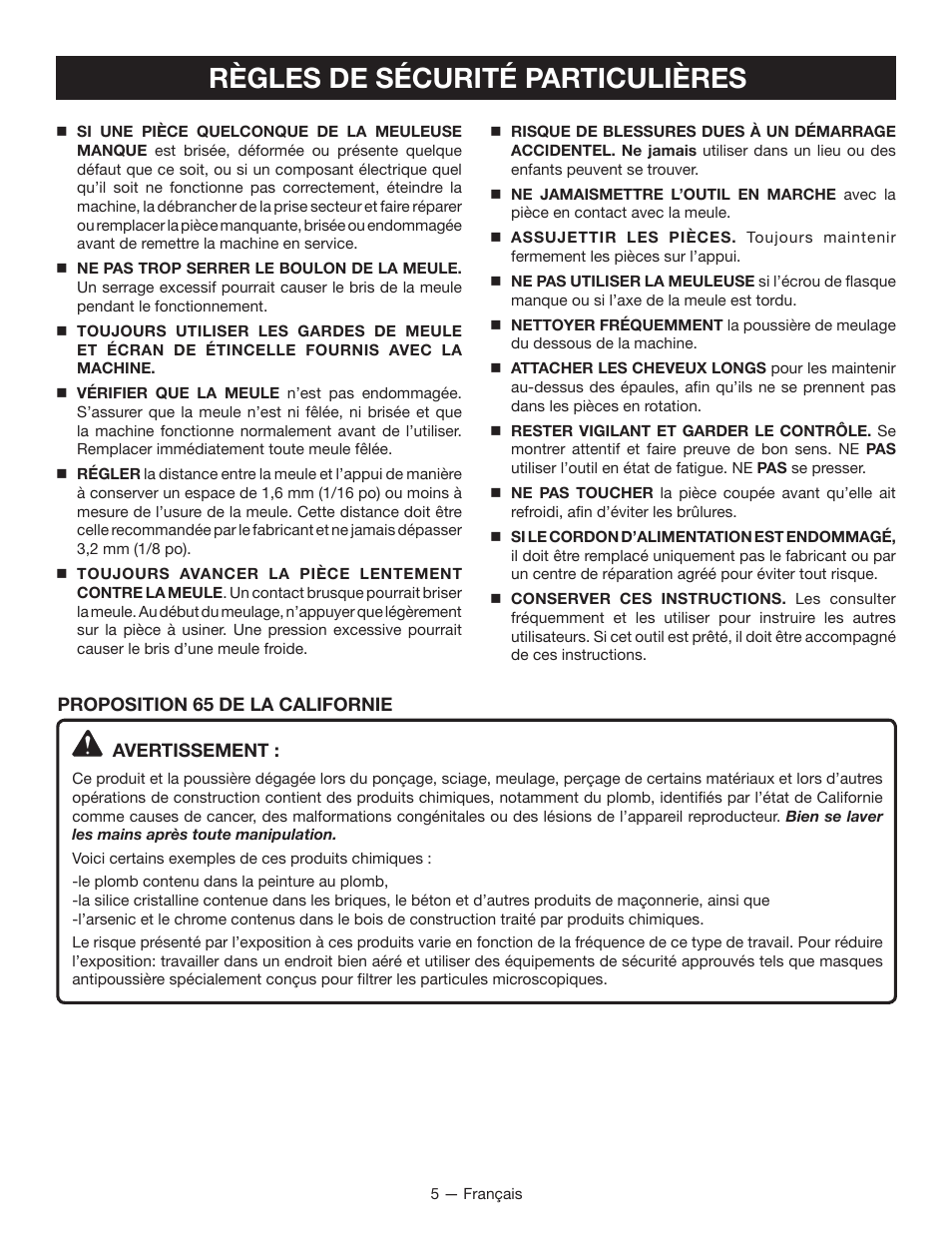 Règles de sécurité particulières | Ryobi BGH6110SB User Manual | Page 14 / 36