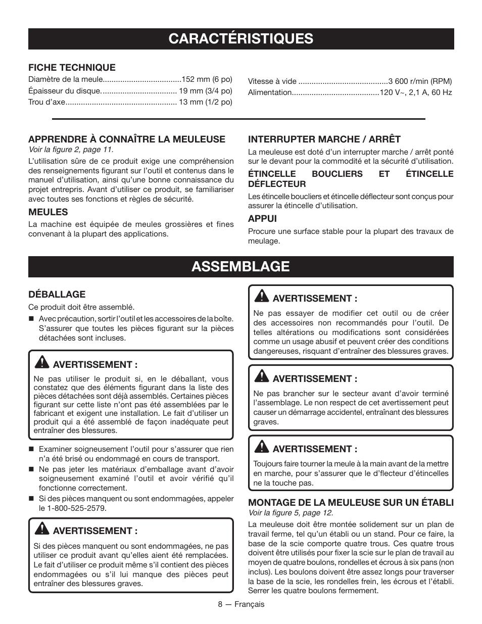 Caractéristiques, Assemblage | Ryobi BGH6110SB User Manual | Page 17 / 36