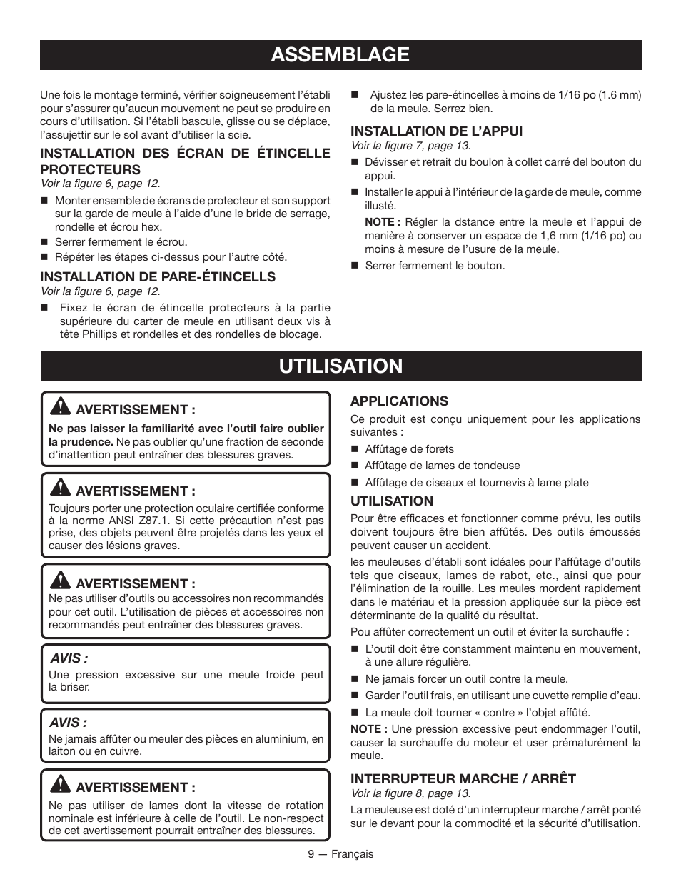 Assemblage, Utilisation | Ryobi BGH6110SB User Manual | Page 18 / 36