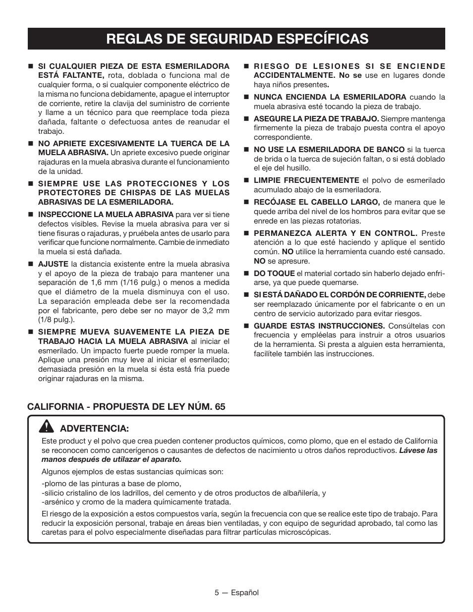 Reglas de seguridad específicas | Ryobi BGH6110SB User Manual | Page 24 / 36