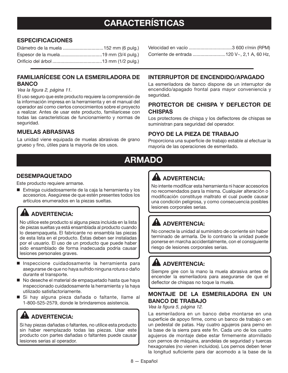 Características, Armado | Ryobi BGH6110SB User Manual | Page 27 / 36