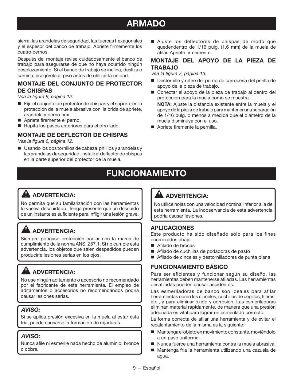 Armado, Funcionamiento | Ryobi BGH6110SB User Manual | Page 28 / 36