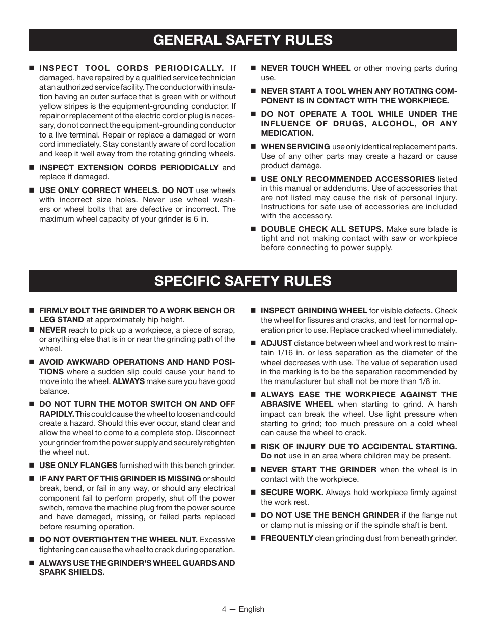 General safety rules, Specific safety rules | Ryobi BGH6110SB User Manual | Page 4 / 36