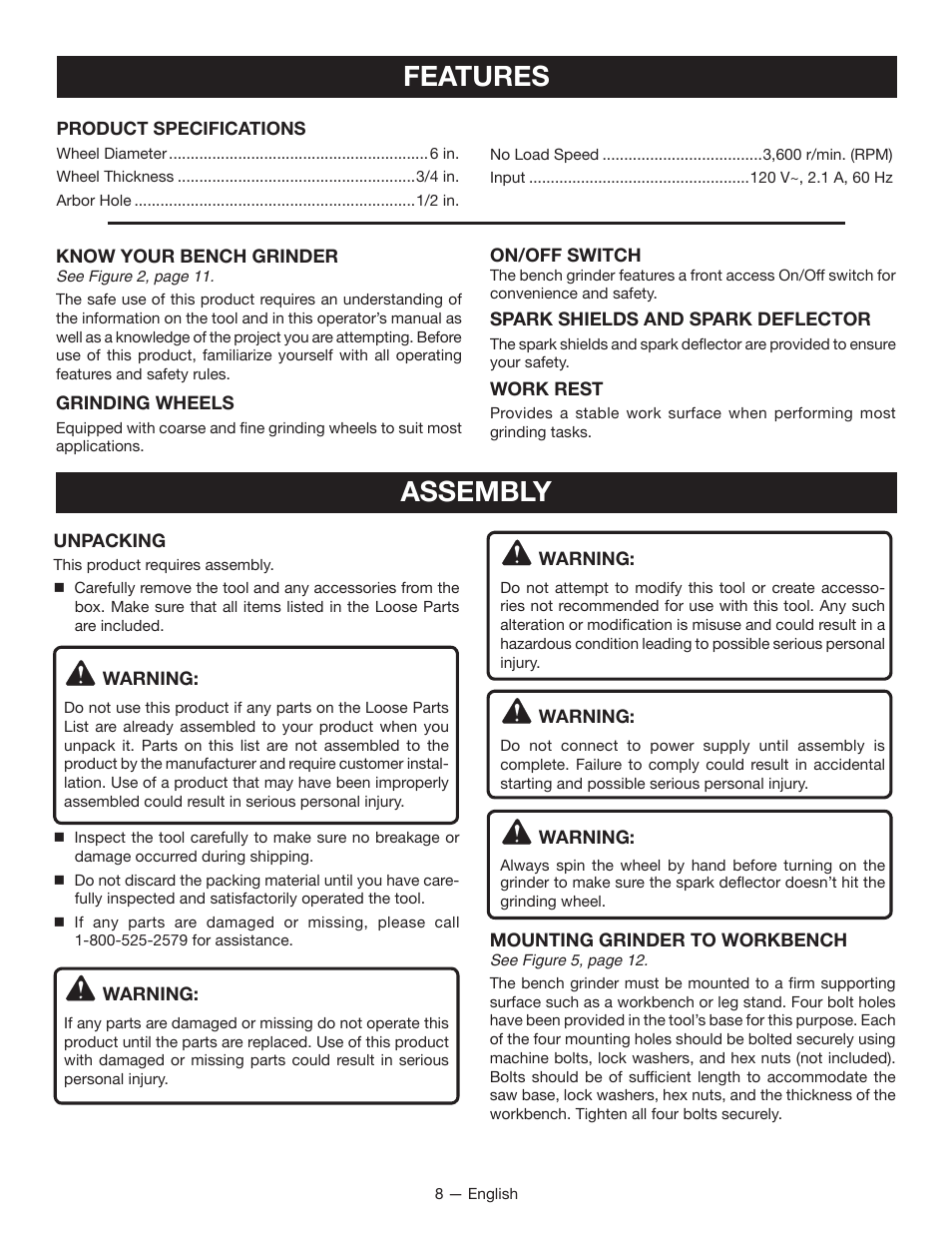 Features, Assembly | Ryobi BGH6110SB User Manual | Page 8 / 36