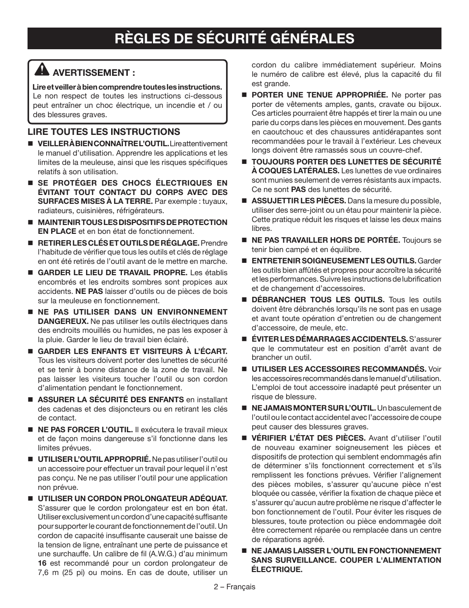 Règles de sécurité générales | Ryobi BG828G User Manual | Page 11 / 36