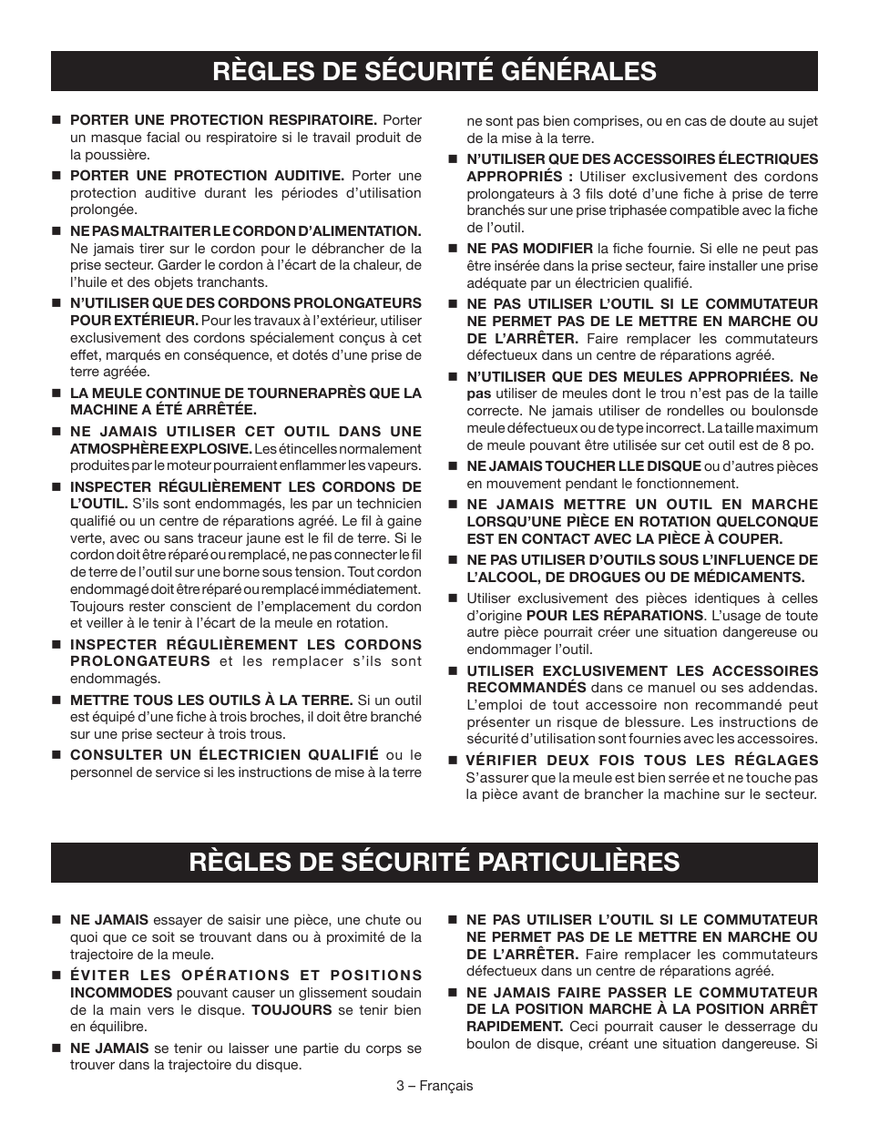 Règles de sécurité générales, Règles de sécurité particulières | Ryobi BG828G User Manual | Page 12 / 36